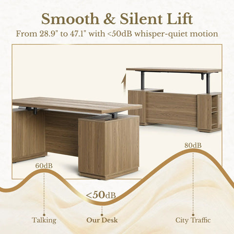 70 Inch L Shaped Electric Standing Desk With Heavy Duty Steel Frame And Smooth As Silk Height Adjustments Features Four Smart Memory Presets Built In File Cabinet AC USB Charging Ports Privacy Panel For An Ultimate Game Changer Workspace In Natural Oak shown with silent lift feature from 28.9" to 47.1".