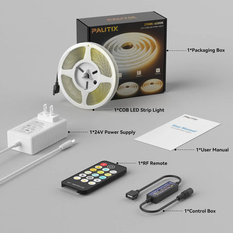 Tunable White COB LED Strip Light 2700K To 6500K 16.4 Ft 24V Dimmable UL Listed Dotless Tape with RF remote, power supply, and manual