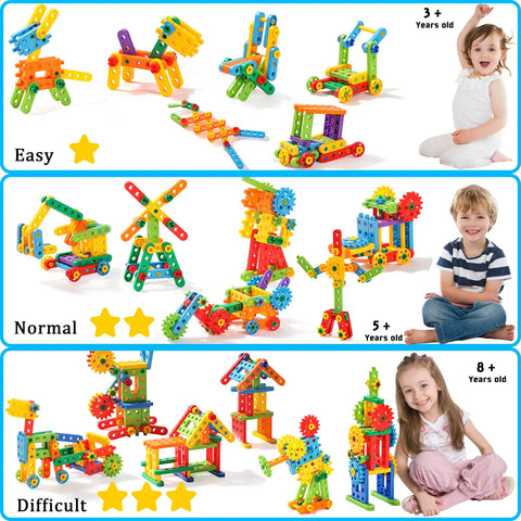 Totally Legit 92 Piece Screw Engineering Blocks Set With Sensory Construction Bricks For Creative STEM Learning Activities And Super Cool Kid Gift Ages 3 Plus, showcasing colorful blocks for varying difficulty levels with children playing.