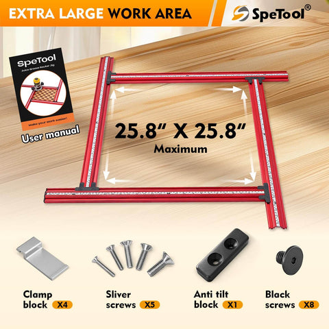 Juice Groove Router Jig For Cutting Boards With Adjustable Templates And Metric Imperial Scales, shown with accessories and manual.