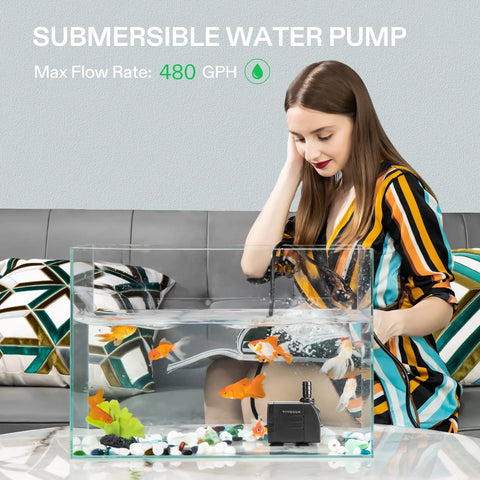 VIVOSUN black submersible water pump inside a fish tank with goldfish