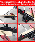Heavy Duty Table Saw Miter Gauge Featuring A Rock Solid 21 To 38 Inch Extending Aluminum Fence and Micro Adjust Flip Stop with 13 Angle Stops for Bullseye Crosscuts and Smooth Sliding Performance in use on a table saw.