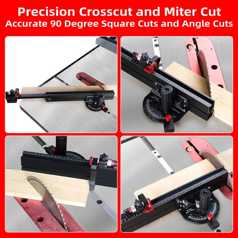 Heavy Duty Table Saw Miter Gauge Featuring A Rock Solid 21 To 38 Inch Extending Aluminum Fence and Micro Adjust Flip Stop with 13 Angle Stops for Bullseye Crosscuts and Smooth Sliding Performance in use on a table saw.