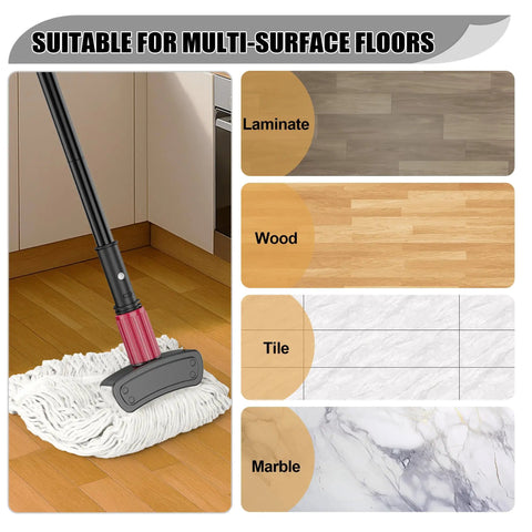 Workhorse Heavy Duty Commercial Wet Mop With Adjustable 39 To 51 Inch Stainless Steel Handle Looped End Mop Head Reusable Cotton Head For Hardwood Tile Vinyl Floors Home Garage Kitchen And Bathroom Cleaning shown on various flooring types including laminate, wood, tile, and marble.