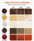 Pro Grade High Speed Electric Grain And Spice Mill Grinder 2100W Stainless Steel Pulverizer showing grind fineness over time