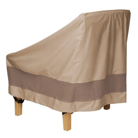 Outdoor Waterproof 34 Inch Wide By 35 Inch Deep By 36 Inch High Patio Chair Cover Fits Chairs Up To These Dimensions With Sealed Seams And Durable Nylon Straps And Side Release Buckles For All Weather Outdoor Chair Protection, side view showing cover material.