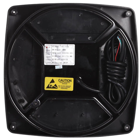 Back view of Wiegand 26 Bit 125KHz Card Reader for Access Control and Parking System with caution label and wiring