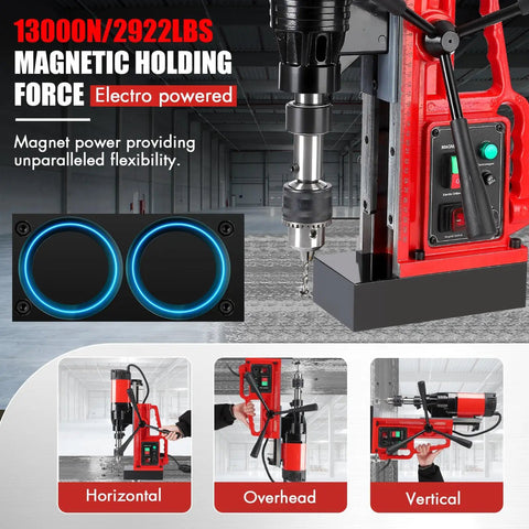 Heavy Duty 1550W Magnetic Drill Press With Variable Speed Up To 500 RPM, showing magnetic holding features and flexible usage.