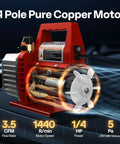 No Sweat 110V Single Stage Rotary Vane Vacuum Pump packing solid 1/4 horsepower with pure copper motor visible.