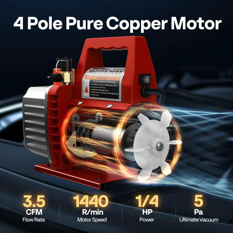 No Sweat 110V Single Stage Rotary Vane Vacuum Pump packing solid 1/4 horsepower with pure copper motor visible.
