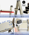 Four images showing details of the Three Step Folding Ladder Stool With Anti Slip Wide Pedals Aluminum Portable Lightweight Handy Everyday Use For Adults Multi Use At Home And Kitchen Black 330 Lbs Capacity, including reinforced beam, aviation aluminum alloy, pedal dimensions, and anti-slip rubber feet.