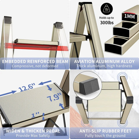 Four images showing details of the Three Step Folding Ladder Stool With Anti Slip Wide Pedals Aluminum Portable Lightweight Handy Everyday Use For Adults Multi Use At Home And Kitchen Black 330 Lbs Capacity, including reinforced beam, aviation aluminum alloy, pedal dimensions, and anti-slip rubber feet.