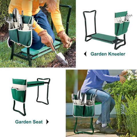 Sturdy Garden Kneeler And Seat With Thick Padded Pad And Tool Pouch, Heavy Duty Foldable Steel Stool in use