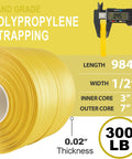 Heavy Duty PP Strapping Roll Hella Tough Packaging Belt Half Inch By 984 Feet Long Polypropylene Pallet Banding Strap with yellow color and specs.