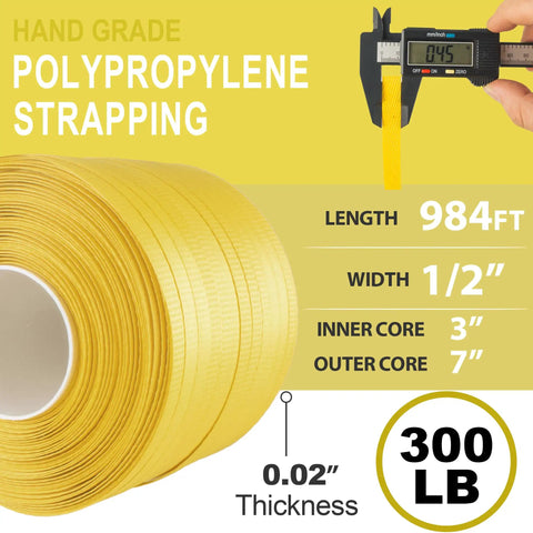 Heavy Duty PP Strapping Roll Hella Tough Packaging Belt Half Inch By 984 Feet Long Polypropylene Pallet Banding Strap with yellow color and specs.