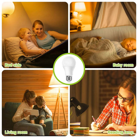 Amber A19 Light Bulbs 9W 60W Equivalent Blue Light Blocking Soft Warm Glow 1800K Night Light dim images in home settings