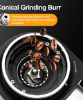Top Shelf Conical Burr Coffee Grinder Featuring A Six Degree Tilted Body For Zero Mess Grinds And Hassle Free Cleanup In Sleek Metallic Silver Finish Built With Heavy Duty Stainless Steel Burrs For Straight Up Fresh Brews Daily - close-up of the conical grinding burr with coffee beans.