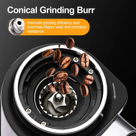 Top Shelf Conical Burr Coffee Grinder Featuring A Six Degree Tilted Body For Zero Mess Grinds And Hassle Free Cleanup In Sleek Metallic Silver Finish Built With Heavy Duty Stainless Steel Burrs For Straight Up Fresh Brews Daily - close-up of the conical grinding burr with coffee beans.