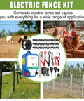All In One Beefed Up Electric Fence Kit For Livestock Control With 8 Mile 12kV 2J Charger AC DC Powered 50 Insulators And Socket Tool 250ft Aluminum Wire Copper Ground Rod Fence Leads And Battery Clips Classic Blue Version collage of kit components and fencing in use