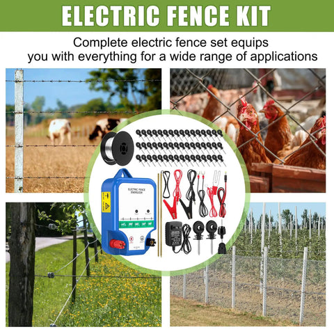 All In One Beefed Up Electric Fence Kit For Livestock Control With 8 Mile 12kV 2J Charger AC DC Powered 50 Insulators And Socket Tool 250ft Aluminum Wire Copper Ground Rod Fence Leads And Battery Clips Classic Blue Version collage of kit components and fencing in use