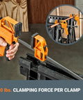 Clamping Sawhorses With Bar Clamps And A 7 Inch Metal Triangle Ruler For Precise DIY Woodworking showing clamp mechanism