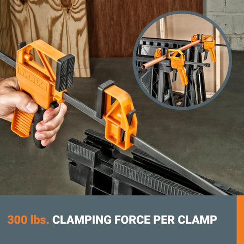 Clamping Sawhorses With Bar Clamps And A 7 Inch Metal Triangle Ruler For Precise DIY Woodworking showing clamp mechanism