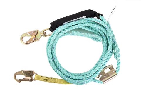 VLA-100 Poly Steel Vertical Lifeline Assembly, 100 foot, showing heavy duty five eighth inch poly rope and clips for fall protection