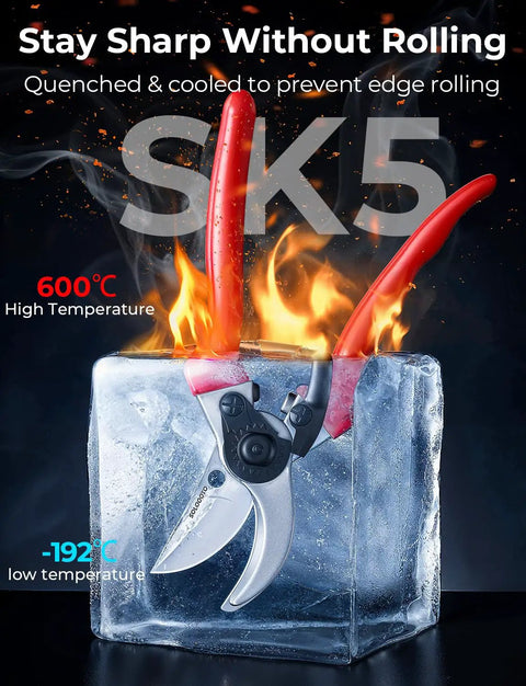 8.5 Inch SK5 Bypass Pruning Shears For Gardening With 4X Sharper Cut Pro Grade Beast Pruners shown in ice and flames