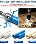 7 Piece PVC Pipe Threading Tool Set For One Half Inch And Three Quarter Inch Pipes With Internal And External Thread Cutters, Drill Compatible shown with PVC, MPP, and PPR pipes.