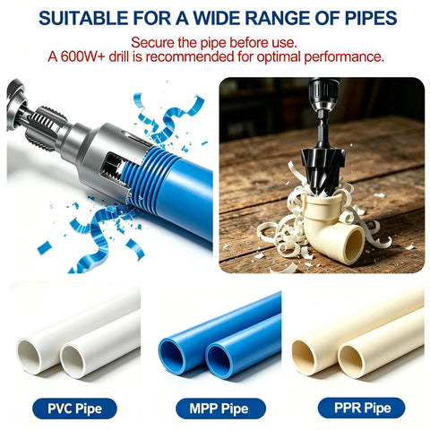 7 Piece PVC Pipe Threading Tool Set For One Half Inch And Three Quarter Inch Pipes With Internal And External Thread Cutters, Drill Compatible shown with PVC, MPP, and PPR pipes.