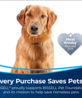 Golden retriever next to heart-shaped tag "Meet Krosby Rescued 2015" with text "Every Purchase Saves Pets" supporting BISSELL Pet Foundation.