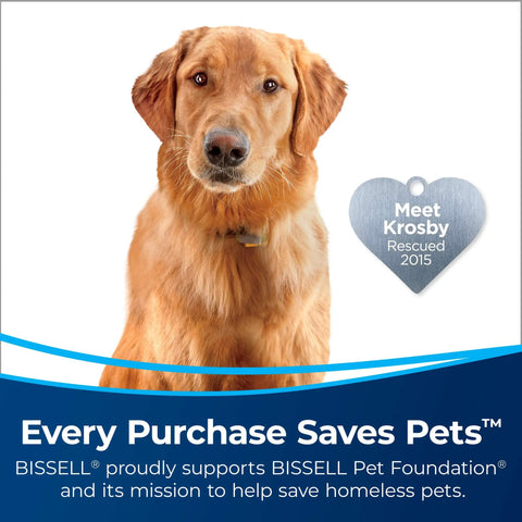 Golden retriever next to heart-shaped tag "Meet Krosby Rescued 2015" with text "Every Purchase Saves Pets" supporting BISSELL Pet Foundation.