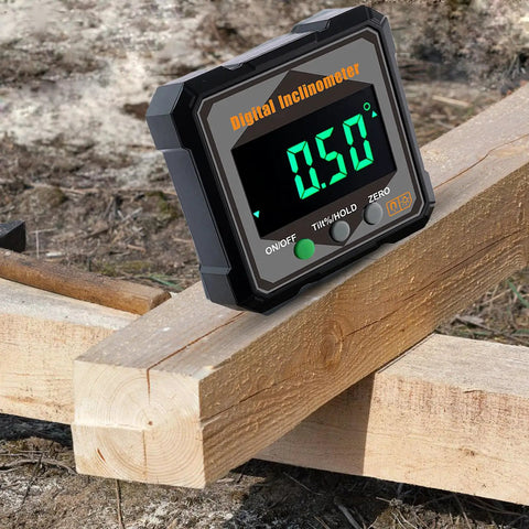 Tough As Nails Digital Angle Finder Crisp Readings Electronic Protractor on wooden beam measuring tilt accuracy.
