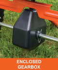 Enclosed gearbox of Big Yard Workhorse 130 Lb Walk Behind Lawn And Garden Broadcast Spreader For Seed Fertilizer Salt Ice Melt With 10 To 12 Feet Spread Easy Flow Control Lever 13 Inch Pneumatic Tires on grass