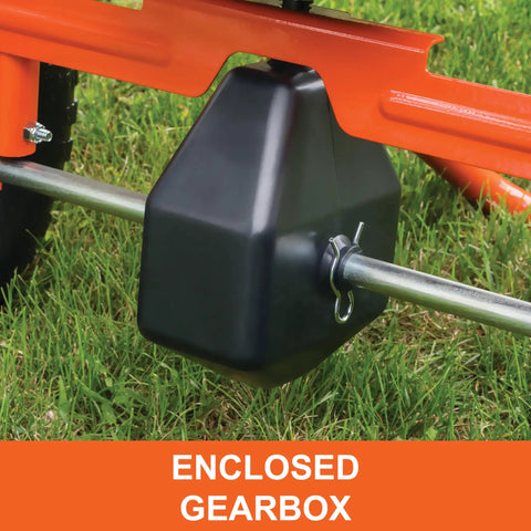 Enclosed gearbox of Big Yard Workhorse 130 Lb Walk Behind Lawn And Garden Broadcast Spreader For Seed Fertilizer Salt Ice Melt With 10 To 12 Feet Spread Easy Flow Control Lever 13 Inch Pneumatic Tires on grass