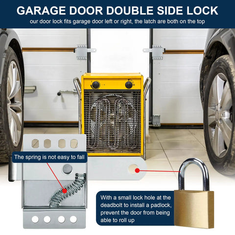 4 Pack Heavy Duty Galvanized Steel Garage Door Side Lock Latch shown on garage door with padlock for secure locking.