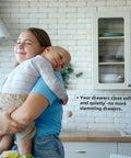 Woman holding a baby in a kitchen with cabinetry showcasing 20 Inch Double Spring Soft Close Drawer Slides for quiet operation.