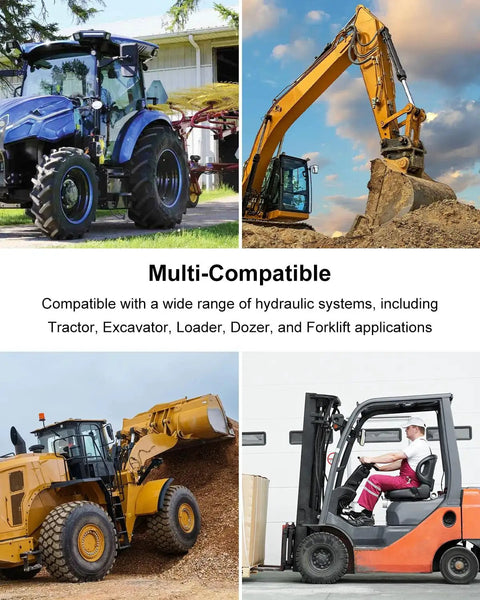 Tractor, excavator, loader, and forklift showcasing compatibility for Inline Adjustable Hydraulic Flow Control Needle Valve One Quarter Inch NPT For High Pressure Up To Five Thousand PSI, Smooth Actuator Motion, Built Tough For Excavators And Forklifts.