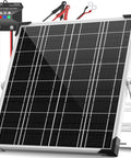 12V Solar Battery Charger Kit with 20W waterproof panel and smart MPPT controller, angle view with connectors and mounting hardware.