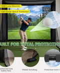 All In One Golf Simulator Enclosure Kit With Pro Grade HD Impact Screen setup showing golfer in action, padded frame, and safety netting.