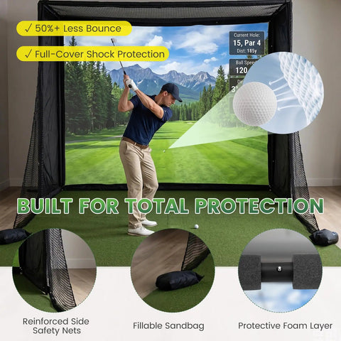 All In One Golf Simulator Enclosure Kit With Pro Grade HD Impact Screen setup showing golfer in action, padded frame, and safety netting.