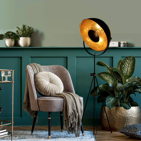 Vintage Industrial Tripod Floor Lamp With LED Light, Large Shade, Nautical Matte Black And Gold Finish in living room