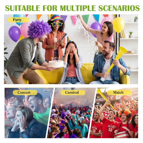 People celebrating with Six Pack Vuvuzela Stadium Horns 21 Inch Collapsible Plastic Trumpet Noisemakers For Sporting Events Football Games And Party Supplies Yellow Loud Durable Easy To Blow Ideal For Crowds Tailgates