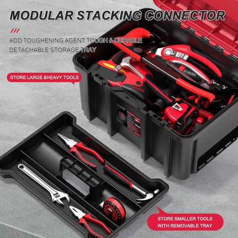 Open 3 In 1 Rolling Tool Box On Wheels With Stackable Modular Organizer System 17 Inch Portable Waterproof Toolbox showing tools