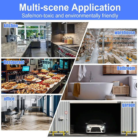 Multiple scenes showing kitchen, warehouse, restaurant, bathroom, office, and garage for electric bug zapper use.