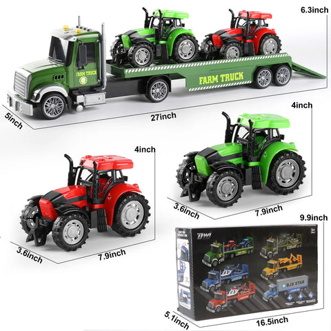Massive 27 Inch Friction Powered Semi Truck Playset With Two Tractors Farm Vehicle Set in packaging, showing dimensions.
