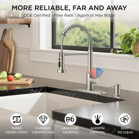 Modern Brushed Nickel Kitchen Sink Faucet Featuring A Three Mode Sprayer And Single Handle Design For Slick Daily Use Hella Durable Construction Straight Up Kitchen Game Changer in a stylish kitchen setting.