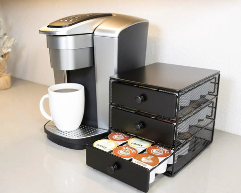 Coffee Pod Drawer For KCups 3 Tier Organizer With 36 Pod Capacity Sleek Black Satin Finish next to coffee maker on counter