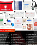 Compact 122 Piece Family First Aid Kit For Home Travel Camping Hiking Car School And Outdoor Adventures Waterproof Durable Emergency Care On The Go spread on a surface, including bandages, scissors, and tweezers.