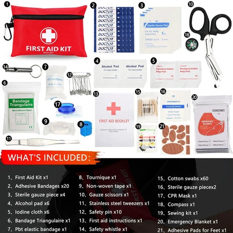 Compact 122 Piece Family First Aid Kit For Home Travel Camping Hiking Car School And Outdoor Adventures Waterproof Durable Emergency Care On The Go spread on a surface, including bandages, scissors, and tweezers.